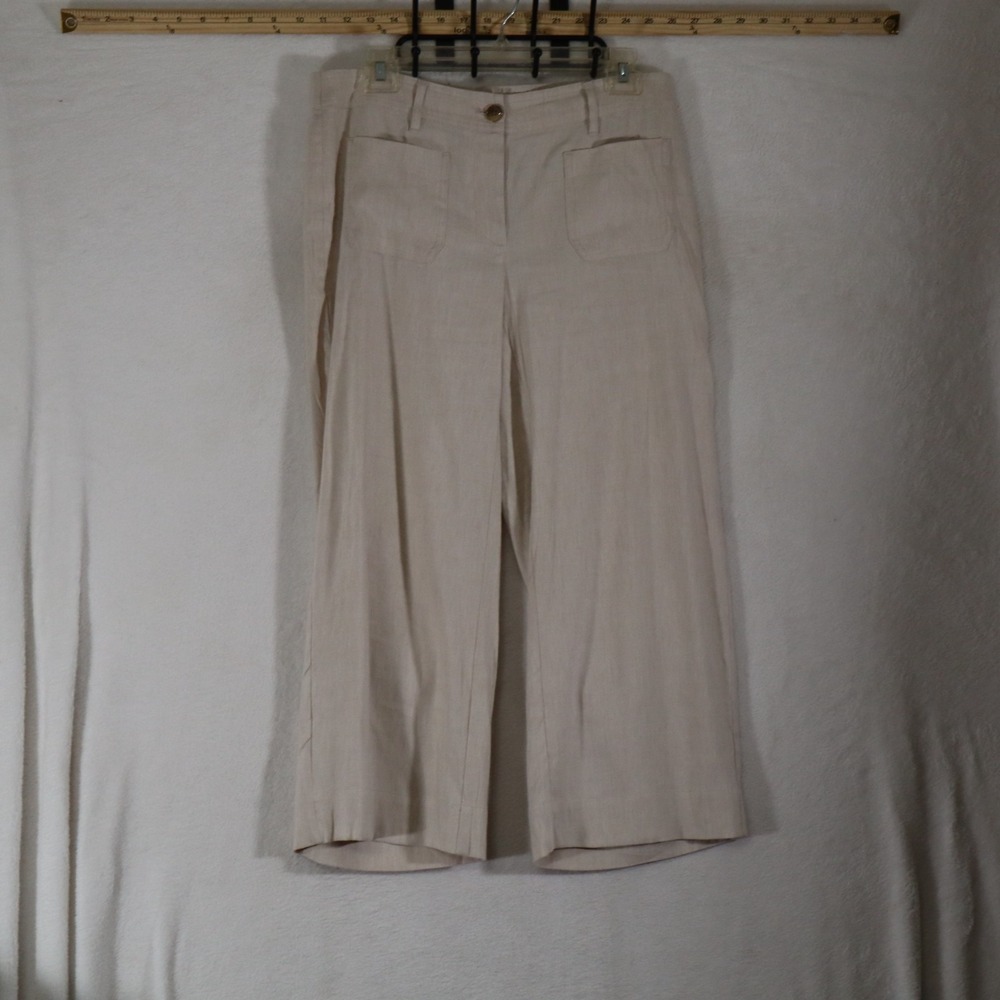 J.Jill Petite Women's S Tan Linen Stretch Wide Leg Cropped Pants Patch Pockets